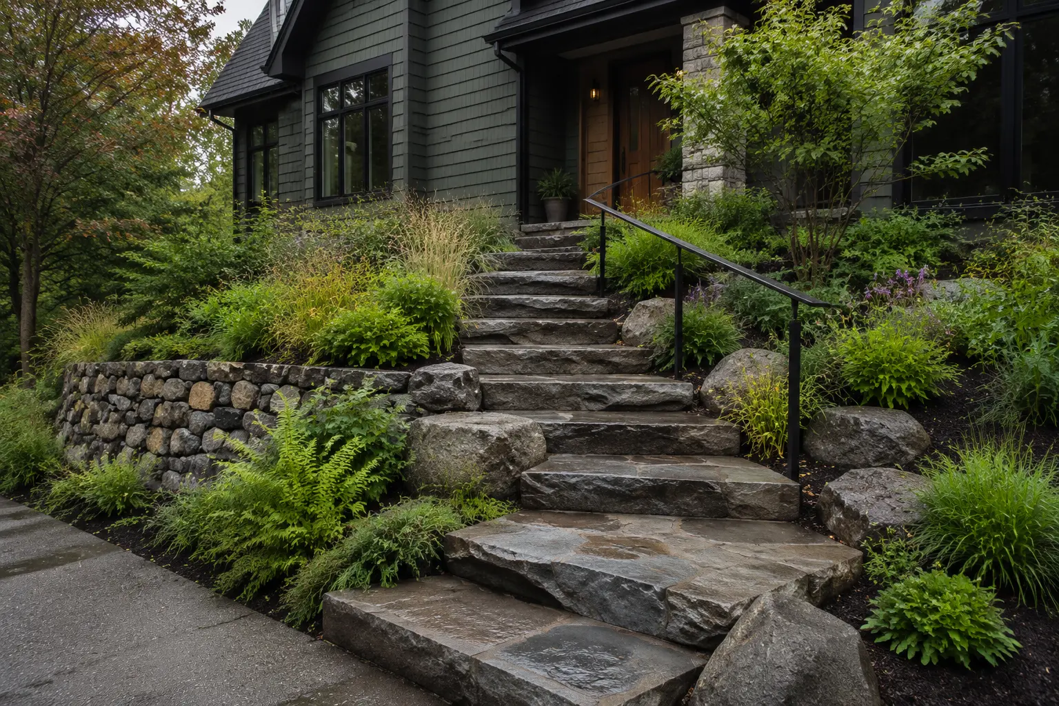 Broad stone entry steps, a low retaining wall, and layered shade planting