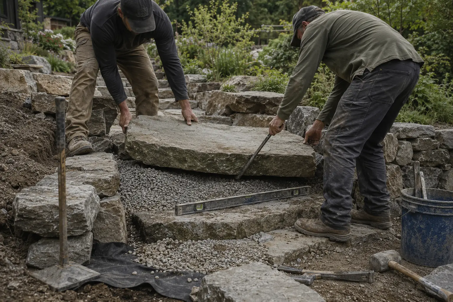 Two stoneworkers setting a broad fieldstone step into a garden slope