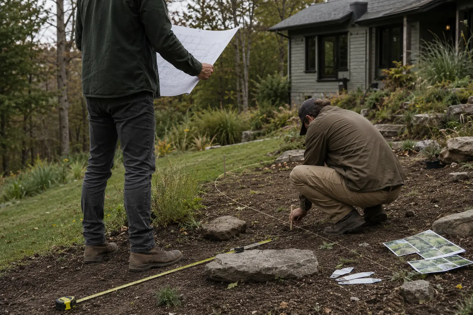 Two landscape professionals measuring and planning a sloped residential garden
