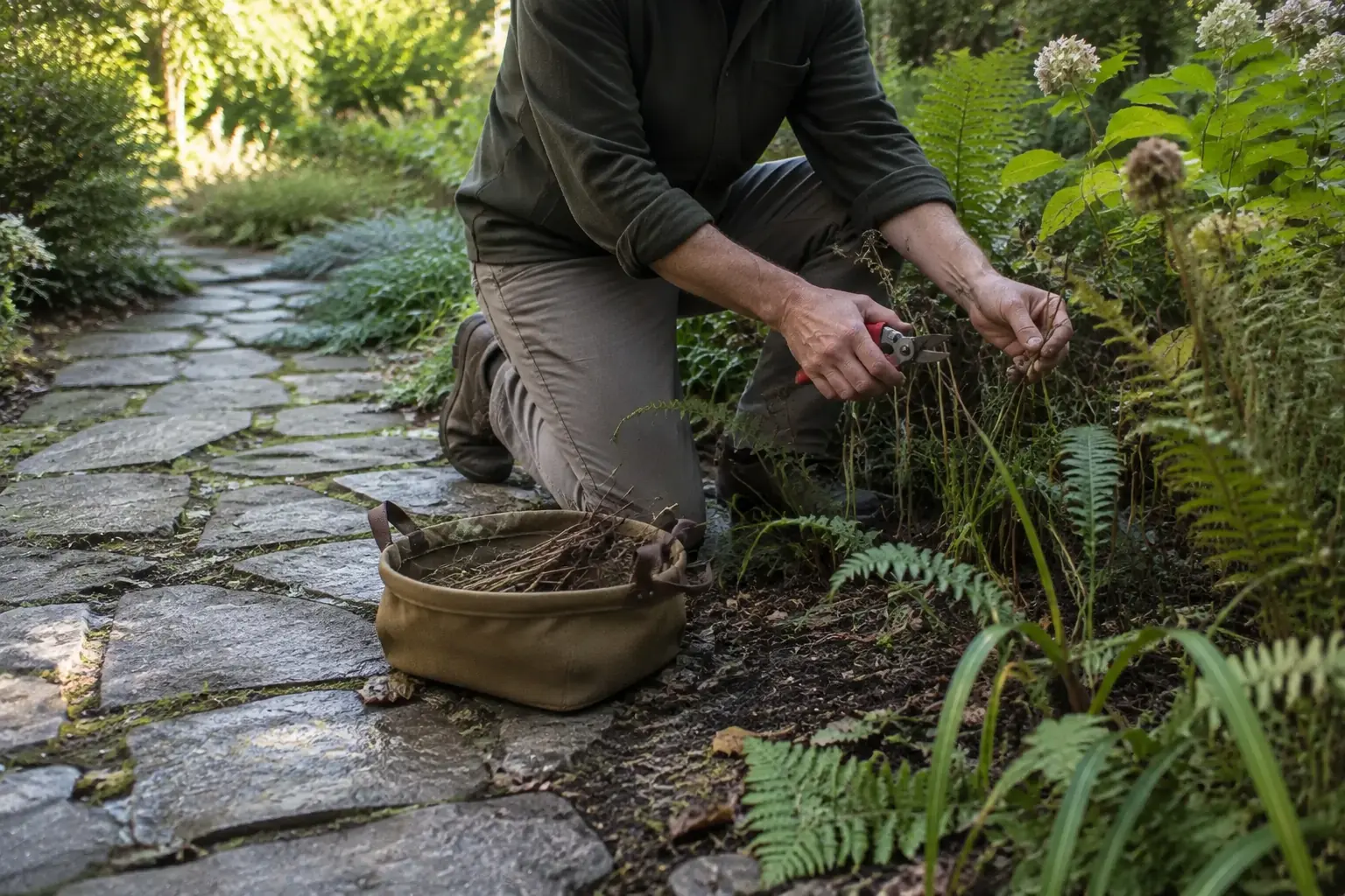 A gardener pruning established plants beside a weathered stone path