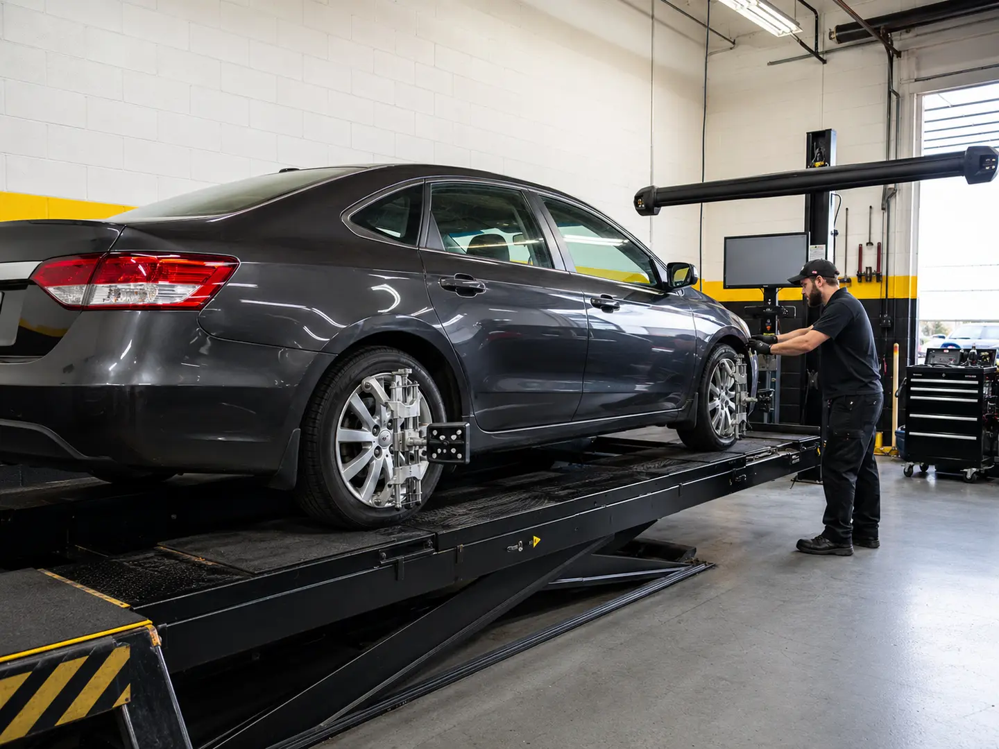 Technician carrying out a wheel alignment inside the shop
